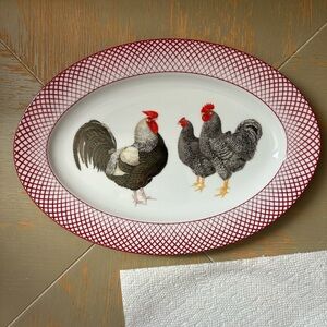 Red and White pattern Chicken and Rooster Oval Platter
